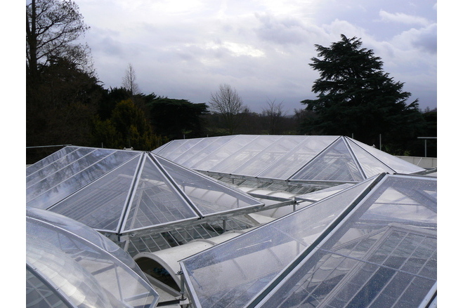 Single-layer ETFE foil installed over existing cast-iron glazing for impact protection