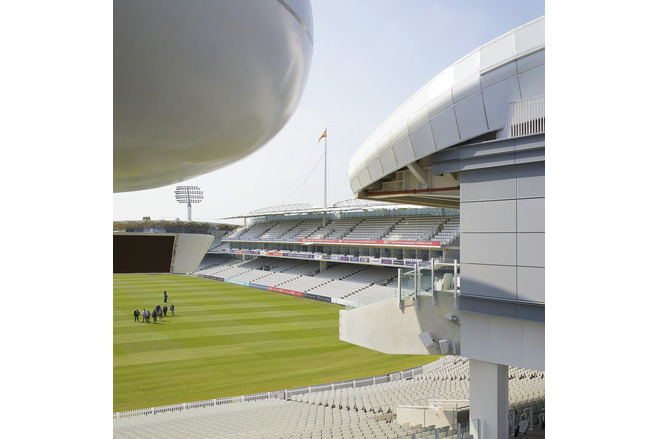 	Double-curved aluminium bullnose edge to the tensile membrane roof at Lord's